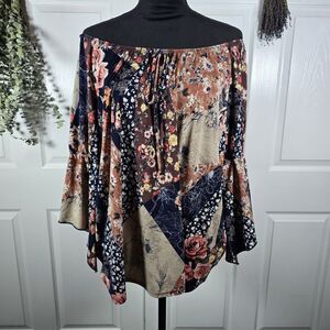 Naif Top Womens 1X Multicolor Floral Patchwork Kimono Sleeve Tunic Blouse Boho